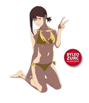 Rule 34 | 1girl, barefoot, bra, breasts, brown eyes, brown hair, chainsaw man, higashiyama kobeni, leozurcxxx, panties, short hair, solo, swimsuit, transparent background, underwear, v