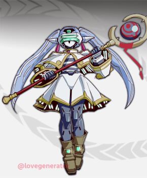 1girl assault_visor brown_footwear capelet commentary_request cosplay earrings fei-yen frieren frieren_(cosplay) grey_hair holding holding_staff jacket jewelry kin-san_(sasuraiga) long_hair mage_staff mecha mechanization pointy_ears robot shirt skirt solo sousou_no_frieren staff striped_clothes striped_shirt twintails twitter_username virtual_on weapon white_capelet white_jacket white_skirt