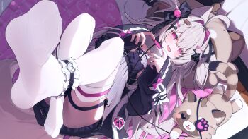 1girl :d absurdres ahoge animal_ear_fluff black_bow black_nails bow cat cat_girl commission controller crossed_bangs eyelashes eyepatch fang feet foot_focus foreshortening frilled_anklet frilled_ribbon frills from_above full_body game_controller hair_between_eyes hair_intakes hair_ornament highres holding holding_controller holding_game_controller indoors legs long_hair looking_at_viewer lying nail_polish nanako_niku nen_0405 no_shoes on_back open_mouth pink_eyes purple_hair ribbon skeb_commission skin_fang sleeves_past_wrists smile soles stellarversepro thigh_strap thighhighs toes virtual_youtuber white_thighhighs