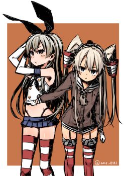 2girls amana_(pocketkey) amatsukaze_(kancolle) black_neckerchief black_panties blue_skirt breasts brown_dress closed_mouth commentary_request dress elbow_gloves garter_straps gloves grey_hair grey_neckerchief hair_tubes highleg highleg_panties kantai_collection long_hair long_sleeves looking_at_viewer microskirt midriff multiple_girls neckerchief panties sailor_collar sailor_dress shimakaze_(kancolle) short_dress sidelocks simple_background skirt sleeveless small_breasts striped_clothes striped_thighhighs thighhighs twitter_username two_side_up underwear white_gloves