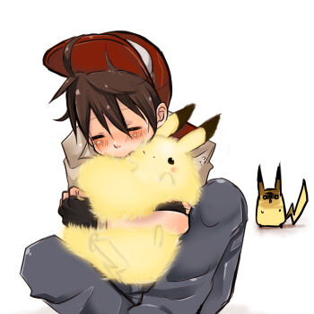 1boy bad_id bad_pixiv_id baseball_cap blush fuzzy gen_1_pokemon hairy_pikachu hat hug jealous male_focus nintendo pikachu pokemon pokemon_(creature) red_(pokemon) sitting yama_(rabbit_room)