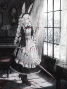 1girl analog_clock animal_ears apron black_boots black_dress black_headdress blood blood_on_clothes blood_on_ground bloody_weapon boots braid clock collared_dress curtains dress flower highres holding holding_sword holding_weapon indoors instrument juliet_sleeves light_particles long_sleeves maid maid_apron maid_headdress open_mouth original pale_skin pendulum_clock piano puffy_sleeves rabbit_ears rabbit_girl rabbit_tail red_eyes rose signature solo standing sword tail tonan_(l0l0l0l0l0l) twin_braids twitter_username vase weapon white_apron white_flower white_hair white_rose window window_shadow yawning
