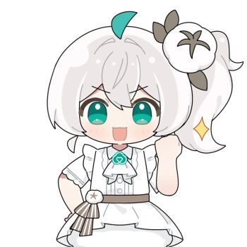 Rule 34 | 1girl, :d, ahoge, aqua eyes, ascot, chibi, commentary request, dress, flower, green eyes, green hair, hair between eyes, hair ornament, hand on own hip, hand up, looking at viewer, open mouth, quanmian shidai, short sleeves, side ponytail, simple background, smile, solo, v-shaped eyebrows, wen xiaomian, wenxiaomian family, white background, white dress, white hair