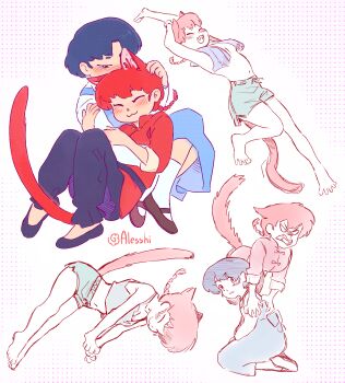 Rule 34 | 1boy, 1girl, :3, alesshiart, animal ears, black hair, blue dress, blush, braid, breasts, cat ears, cat girl, cat tail, chinese clothes, commentary, crop top, cuddling, dolphin shorts, dress, english commentary, fangs, half-closed eyes, highres, kemonomimi mode, long dress, navel, ranma-chan, ranma 1/2, seiza, short eyebrows, short hair, short shorts, shorts, signature, single braid, sitting, small breasts, socks, stretching, tail, tangzhuang, tendou akane, topless female, towel, towel around breasts, towel around neck, white socks, yuri