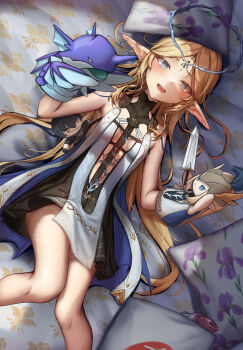 bare_shoulders black_collar black_dress blonde_hair blue_eyes breasts cartethyia_(wuthering_waves) collar commentary crown_of_thorns dress earrings from_above hand_puppet highres jewelry leviathan_(wuthering_waves) long_hair long_pointy_ears looking_at_viewer lying multiple_earrings on_back on_bed open_mouth parted_bangs pillow pointy_ears puppet sidelocks small_breasts smile tacet_mark_(wuthering_waves) thighs wuthering_waves xiao_xiao_tian