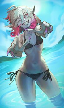 1girl bikini breasts briar_(league_of_legends) colored_sclera double_v estyy female_focus fingernails highres league_of_legends looking_at_viewer multicolored_hair navel one_eye_closed pointy_ears red_sclera sharp_fingernails sharp_teeth short_hair small_breasts smile solo swimsuit teeth two-tone_hair v wink