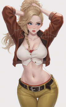 1girl arms_up belt blonde_hair blue_eyes braid breasts commentary cowboy_shot crop_top cropped_jacket english_commentary freckles gemma_(monster_hunter_wilds) highres jacket large_breasts long_hair midriff monster_hunter_(series) monster_hunter_wilds narrow_waist navel open_clothes open_jacket parted_lips simple_background solo thigh_gap twitter_username umigraphics white_background wide_hips
