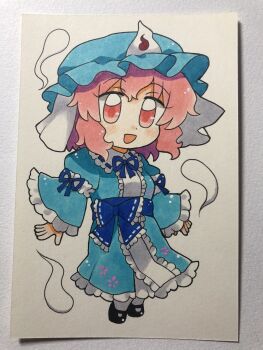 Rule 34 | 1girl, bad id, bad twitter id, blue hat, blue kimono, blue ribbon, chibi, chibi only, commentary, frilled kimono, frills, full body, hat, highres, hitodama, japanese clothes, kimono, maa (forsythia1729), mob cap, neck ribbon, photo (medium), pink eyes, pink hair, ribbon, saigyouji yuyuko, sleeve garter, socks, solo, touhou, traditional media, triangular headpiece, white socks