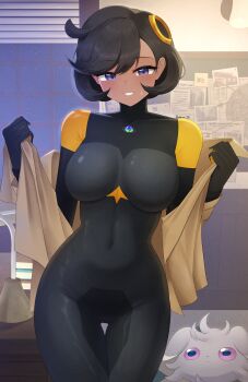 1girl black_bodysuit black_hair bodysuit breasts brown_jacket clothes_pull covered_navel cowboy_shot doiparuni emma_(pokemon) espurr gen_6_pokemon grin highres indoors jacket jacket_partially_removed jacket_pull large_breasts mega_stone night nintendo paper pokemon pokemon_(creature) pokemon_legends:_z-a purple_eyes short_hair skin_tight smile thigh_gap window