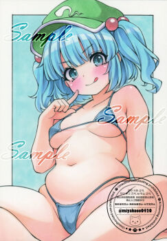 1girl :q alternate_costume bikini blue_bikini blue_eyes blue_hair blush breasts closed_mouth collarbone commentary_request flat_cap green_hat hair_bobbles hair_ornament hat kawashiro_nitori looking_at_viewer medium_breasts medium_hair miyakooo0420 sample_watermark sitting solo swimsuit tongue tongue_out touhou traditional_media two_side_up watermark