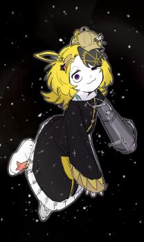 1girl :3 black_dress black_hair blonde_hair boots brown_hat commentary_request dress galactic_nova hair_ornament hat highres kirby_(series) long_sleeves looking_at_viewer mechanical_arms medium_hair multicolored_hair nintendo ocdbpd pale_skin personification purple_eyes single_mechanical_arm sleeves_past_wrists solo space star_(symbol) star_hair_ornament white_boots