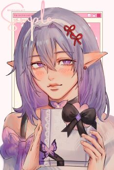 Rule 34 | 1girl, blush, box, castorice (honkai: star rail), commentary, earrings, gift, gift box, highres, holding, holding box, honkai: star rail, honkai (series), incoming gift, jewelry, long hair, nokkusuart, pointy ears, purple eyes, purple hair, sample watermark, smile, solo, twitter username, upper body, very long hair, watermark