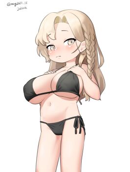 1girl absurdres bikini black_bikini blonde_hair braid breasts commentary_request eidsvold_(kancolle) feet_out_of_frame gradient_hair highres kantai_collection large_breasts long_hair maru_(marg0613) multicolored_hair one-hour_drawing_challenge oppai_loli side-tie_bikini_bottom simple_background single_braid solo standing swimsuit white_background yellow_eyes