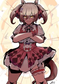 >:) 1girl absurdres animal_ears black_bow bow breasts brown_hair center_frills closed_mouth collared_shirt commentary_request cowboy_shot crossed_arms dress_shirt explosion explosion_background feet_out_of_frame frills hair_between_eyes hair_bow highres horse_ears horse_girl horse_tail kawamochi_(kawauti919) looking_at_viewer medium_breasts orange_eyes pink_bow pink_skirt pleated_skirt puffy_short_sleeves puffy_sleeves purple_bow shirt short_sleeves signature skirt smart_falcon_(love_4ever)_(umamusume) smart_falcon_(umamusume) smile solo tail twintails umamusume v-shaped_eyebrows white_shirt wrist_cuffs