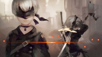 1boy 1girl 2b_(nier:automata) 9s_(nier:automata) black_dress black_jacket blindfold choker covered_eyes dress facing_viewer glowing glowing_eyes grey_hair highres jacket machine_(nier) nier:automata nier_(series) pod_(nier:automata) red_eyes robot satomatoma short_hair smile surrounded virtuous_contract