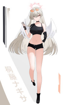 1girl absurdres alternate_costume angel_wings black_shorts blue_archive breasts feathered_wings full_body halo highres low_wings nagisa_(blue_archive) navel pink_halo short_shorts shorts solo white_wings wings yuritorikku