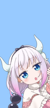 1girl :o absurdres black_bow black_hairband blue_background blue_eyes blunt_bangs blush bow capelet child commentary_request dragon_girl dragon_horns frilled_capelet frills gradient_hair hair_bobbles hair_bow hair_ornament hairband highres horns kanna_kamui kobayashi-san_chi_no_maidragon long_hair long_sleeves looking_at_viewer low_twintails multicolored_hair muu3_illust open_mouth peeking_out pink_shirt purple_hair shirt sidelocks simple_background slit_pupils solo twintails upper_body white_capelet white_hair