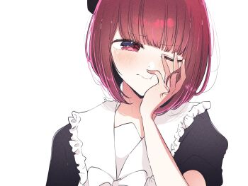 1girl arima_kana blush closed_mouth commentary head_rest highres one_eye_closed oshi_no_ko red_eyes red_hair risdelusions short_hair simple_background solo symbol-only_commentary upper_body white_background