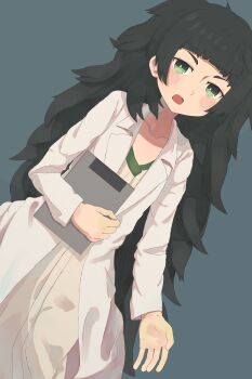 1girl absurdres blunt_bangs commentary_request dress fukui green_eyes green_hair highres hiyajou_maho lab_coat long_hair looking_at_viewer messy_hair no_jacket reaching reaching_towards_viewer science_adventure shirt simple_background solo steins;gate steins;gate_0 white_shirt
