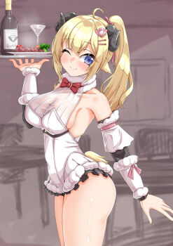 Rule 34 | 1girl, absurdres, alternate costume, animal ears, blonde hair, breasts, cleavage, closed mouth, highres, hololive, horns, large breasts, leotard, long hair, looking at viewer, nyang-kaz, one eye closed, playboy bunny, ponytail, purple eyes, sheep ears, sheep girl, sheep horns, sheep tail, smile, solo, strapless, strapless leotard, tail, tsunomaki watame, virtual youtuber, white leotard
