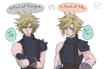 1boy armor black_gloves blonde_hair blue_eyes blue_sweater cloud_strife commentary comparison crossed_arms english_commentary english_text final_fantasy final_fantasy_vii final_fantasy_vii_remake gloves hair_between_eyes male_focus miyukiko multiple_views parted_lips ribbed_sweater short_hair shoulder_armor signature simple_background single_bare_shoulder sleeveless sleeveless_turtleneck speech_bubble spiked_hair sweater turtleneck turtleneck_sweater upper_body vs white_background