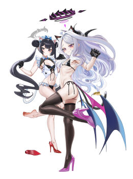 2girls absurdres ahoge alternate_costume animal_ear_fluff animal_ears ass bare_shoulders black_gloves black_hair black_horns black_thighhighs blue_archive blush breasts butterfly_hair_ornament cat_ears cat_tail chen_bingyou closed_mouth commentary demon_girl demon_horns demon_wings double_bun feet_up flat_chest forehead frills full_body gloves grey_eyes hair_bun hair_ornament halo hand_up high_heels highres hina_(blue_archive) horns kisaki_(blue_archive) loli long_hair looking_at_viewer low_wings multiple_girls multiple_horns navel parted_bangs purple_eyes sidelocks simple_background small_breasts smile soles standing standing_on_one_leg tail thighhighs toes twintails untranslatable_commentary very_long_hair wavy_mouth white_background white_hair wings