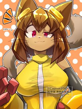 1girl animal_ears breasts brown_hair capros200 cat_ears cat_girl cat_tail closed_mouth commentary_request furry furry_female gameoverse highres kit_bodega large_breasts orange_background polka_dot polka_dot_background red_eyes short_hair solo tail thick_eyebrows upper_body whiskers
