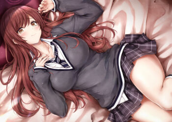 1girl bed_sheet black_skirt black_vest blush breasts brown_hair collarbone feet_out_of_frame fingernails hair_spread_out higher_resolution_available highres idolmaster idolmaster_shiny_colors large_breasts light_smile long_sleeves looking_at_viewer loose_necktie lying miniskirt nail_polish necktie on_back open_collar osaki_amana plaid_clothes plaid_skirt pleated_skirt school_uniform shirt skirt solo suien sweater_vest vest white_shirt