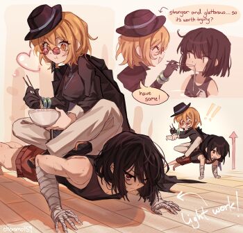 2girls absurdres bandaged_hand black_gloves black_hair bowl cheromo159 don_quixote_(project_moon) eating exercising food glasses gloves hat highres holding holding_bowl limbus_company multiple_girls noodles project_moon push-ups ryoshu_(project_moon) sitting sitting_on_person sweat