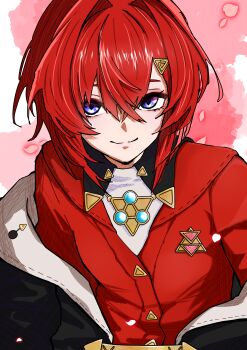 Rule 34 | 1girl, absurdres, ange katrina, ange katrina (1st costume), black coat, blue eyes, cardigan, closed mouth, coat, commentary request, crossed bangs, eye glitter, eyelashes, eyeshadow, gradient eyes, hair between eyes, hair intakes, hair ornament, highres, looking at viewer, makeup, medium hair, multicolored eyes, nijisanji, off shoulder, pink background, purple eyes, red cardigan, red eyeshadow, red hair, smile, solo, split mouth, triangle hair ornament, upper body, virtual youtuber, yotsuba2332