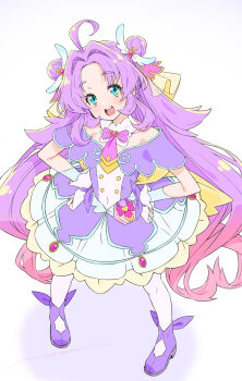 1girl :d ahoge akechi_anna blue_eyes bow bowtie brooch capelet collar commentary_request cure_answer detached_collar double_bun dress fingerless_gloves full_body gloves gradient_hair hair_bun hair_intakes hair_ornament hair_ribbon hands_on_own_hips heart heart_brooch highres jewelry kazuma_muramasa long_hair looking_at_viewer magical_girl meitantei_precure! multicolored_hair open_mouth pact_holder parted_bangs pink_bow pink_bowtie pink_hair precure purple_capelet purple_dress purple_hair purple_shoes ribbon shoes sidelocks smile solo standing teeth thighhighs two-tone_hair upper_teeth_only very_long_hair white_background white_collar white_gloves white_thighhighs wing_hair_ornament yellow_ribbon