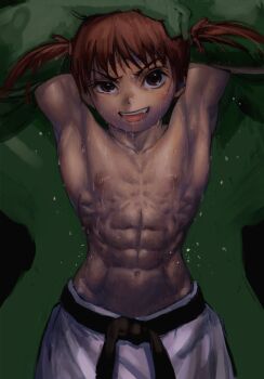 1girl abs androgynous apyoapyo arms_up brown_eyes colored_skin dougi flat_chest green_skin loli looking_at_viewer muscular muscular_female nipples original restrained simple_background smile solo_focus sweat topless_female