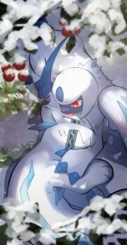 absol absurdres animal_focus body_fur chien-pao claws commentary fangs gen_3_pokemon highres horns leaf nintendo no_humans nullma outdoors pokemon pokemon_(creature) pokemon_focus red_eyes single_horn skin_fangs snow snow_leopard symbol-only_commentary tongue tongue_out tusks weasel white_fur