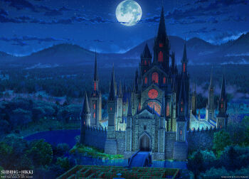3d architecture arsenixc building castle cloud commentary commentary_request copyright_name copyright_notice defensive_wall drawbridge english_commentary flower fog forest fountain full_moon gothic_architecture hedge_maze highres landscape mixed-language_commentary moon moonlight nature night night_sky nikki_(series) no_humans official_art red_flower reflection reflective_water river scenery shining_nikki sky star_(sky) starry_sky tower window
