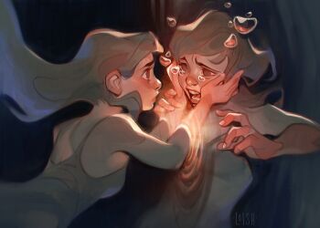 2girls artist_request barrier blush crying despair floating_hair holding_face lolish long_hair looking_at_another multiple_girls open_mouth original sad tears