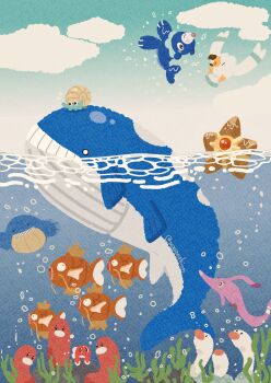 absurdres air_bubble animal_focus bird blue_sky bubble closed_mouth cloud fish gen_1_pokemon gen_3_pokemon gen_7_pokemon gorebyss highres magikarp nintendo no_humans ocean omanyte open_mouth outdoors plant pokemon pokemon_(creature) pokemon_focus popplio sea_lion sky smile staryu swimming teeth wailmer wailord water whale wiglett wingull wugtrio zozozoshion