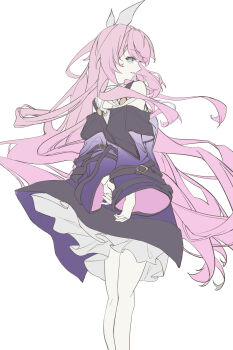 1girl absurdres blue_eyes coat commentary_request cyrene_(aedes_elysiae)_(honkai:_star_rail) cyrene_(honkai:_star_rail) dress hair_ornament highres honkai:_star_rail honkai_(series) long_hair no_ying_sakura pink_hair purple_coat self_cosplay solo very_long_hair white_background white_dress