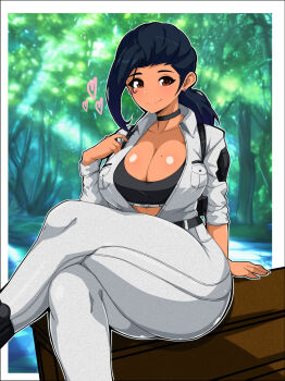 belt black_belt black_choker black_sports_bra border breasts brown_eyes brown_hair choker collarbone commentary cosplay crossed_legs dark-skinned_female dark_skin earrings english_commentary forest gift_art grey_jumpsuit hailey_(the_first_descendant) hailey_(the_first_descendant)_(cosplay) hair_behind_ear heart highres jewelry jumpsuit large_breasts looking_at_viewer mole mole_on_breast nature outside_border real_life shiftingfun sitting smile sports_bra the_first_descendant thick_thighs thighs white_border