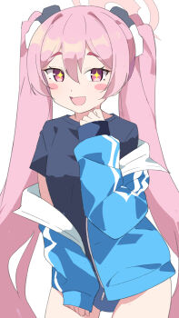 +_+ 1girl alternate_costume amrbf00sy942173 black_shirt blue_archive blue_buruma blue_jacket blush_stickers buruma gym_shirt gym_uniform hair_between_eyes halo highres jacket koyuki_(blue_archive) long_hair long_sleeves looking_at_viewer open_mouth pink_eyes pink_hair pink_halo shirt simple_background smile solo track_jacket twintails very_long_hair white_background