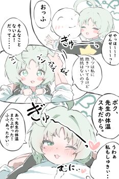 1boy 1girl :d ;d afterimage ahoge ahoge_wag black_jacket blue_archive blush blush_stickers closed_eyes collared_shirt commentary_request doodle_sensei_(blue_archive) dress_shirt expressive_hair green_eyes green_hair halo headpat heart highres hug jacket norippe_(user_zgsf8872) nose_blush one_eye_closed open_mouth ritsu_(blue_archive) sensei_(blue_archive) shirt short_eyebrows short_sleeves smile thick_eyebrows translation_request v-shaped_eyebrows white_background white_shirt
