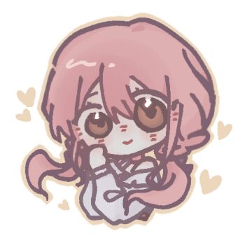 Rule 34 | 1girl, belt, black belt, black bow, bow, bra strap, brown eyes, brown outline, chibi, chinese commentary, choker, closed mouth, commentary request, cropped torso, eyelashes, eyes visible through hair, floating hair, hair between eyes, hair bow, happy, heart, infinity nikki, light blush, long hair, long sleeves, low twintails, nikki (nikki), nikki (series), off-shoulder shirt, off shoulder, outline, own hands together, perfect start (infinity nikki), pink choker, pink hair, puffy long sleeves, puffy sleeves, shirt, simple background, smile, solo, tareme, twintails, very long hair, white background, white shirt, xianyufanshen859