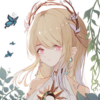 1girl bare_shoulders blonde_hair blue_butterfly brooch bug butterfly choker closed_mouth collarbone commentary_request crescent crescent_earrings detached_sleeves dot_nose dress earrings eyelashes flower gold_choker hair_between_eyes halter_dress halterneck happy infinity_nikki insect jewelry laurel_crown light_blush lips long_hair looking_ahead nikki_(series) pink_eyes pink_lips plant simple_background smile so_ni_ni solo sun_symbol swept_bangs upper_body vines white_background white_dress white_flower white_sleeves wind_of_purity_(infinity_nikki)