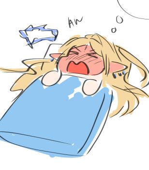 >_< .osari 1girl blonde_hair blush cartethyia_(wuthering_waves) chibi chibi_only crown crown_of_thorns full-face_blush hair_spread_out highres imagining open_mouth solo under_covers unworn_crown wuthering_waves