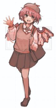 1girl adapted_costume alternate_costume beret bird_girl bird_wings blush brown_bag brown_hat brown_pantyhose brown_shoes brown_skirt brown_sweater_vest commentary_request full_body ginnkei hand_up hat highres long_sleeves looking_at_viewer mystia_lorelei one-hour_drawing_challenge pantyhose pink_hair pleated_skirt shirt shoes short_hair skirt smile solo sweater_vest teeth touhou upper_teeth_only watermark white_shirt wing_ears wings