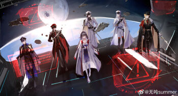 1girl 5boys absurdres adjusting_clothes adjusting_gloves adjusting_headwear aiguillette alkaid_mcgrath alkaid_mcgrath_(infinite_empire) aqua_eyes asteroid ayn_alwyn ayn_alwyn_(infinite_empire) belt belt_pouch black_belt black_boots black_cape black_coat black_gloves black_hair black_hat black_pants black_shirt blonde_hair blue_belt blue_dress blue_eyes blue_hair boots breasts buttons cael_anselm cael_anselm_(infinite_empire) cape chinese_commentary clarence_clayden clarence_clayden_(infinite_empire) cleavage closed_mouth coat coat_on_shoulders collared_jacket collared_shirt detached_collar double-breasted dress earrings epaulettes expressionless frilled_sleeves frills from_above full_body fur-trimmed_cape fur-trimmed_sleeves fur_trim gem gloves green_eyes grey_pants group_picture hair_between_eyes hand_on_own_hip hand_up hat heroine_(lovebrush_chronicles) heterochromia highres holding holding_sword holding_weapon holographic_interface indoors jacket jewelry lapels lars_rorschach lars_rorschach_(infinite_empire) long_bangs long_coat long_hair long_sleeves looking_at_viewer loosely_tucked_bangs lovebrush_chronicles medium_hair military_hat military_uniform mole mole_under_eye multiple_boys necktie notched_lapels outstretched_arm pants peaked_cap planet pouch purple_eyes red_cape red_eyes red_gemstone red_hat red_necktie sam_browne_belt science_fiction see-through_clothes see-through_hat see-through_headwear serious sheath sheathed shirt short_hair side_cape single_epaulette sleeve_cuffs smile space spacecraft standing sword thigh_boots thigh_strap two-sided_cape two-sided_fabric two-tone_dress watermark weapon weibo_watermark white_boots white_cape white_coat white_dress white_gloves white_hair white_hat white_jacket white_pants white_shirt wuyin_summer yellow_cape yellow_eyes yellow_necktie