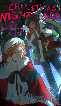 2girls absurdres black_pants blood blood_on_clothes blood_on_face blood_on_hands bow bowtie christmas_nightmare_(e.g.o) commentary_request dress e.g.o_(project_moon) frilled_sleeves frills green_eyes hat highres holding holding_sack holiday_(e.g.o) ishmael_(project_moon) kiscript limbus_company long_hair long_sleeves mob_cap multiple_girls orange_hair outis_(project_moon) pants patchwork_clothes project_moon puffy_long_sleeves puffy_sleeves sack striped_bow striped_bowtie striped_clothes striped_shawl sweater tentacles very_long_hair white_dress white_hat white_sweater