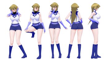 1girl 3d adapted_costume artist_request bare_legs bare_shoulders blonde_hair blush breasts reference_sheet denim denim_skirt elbow_gloves female_focus fingerless_gloves full_body gloves happy highres large_breasts long_hair looking_at_viewer miniskirt multiple_views obelisk_blue_uniform school_uniform shiny_clothes shiny_skin shirt skirt smile standing tenjouin_asuka transparent_background very_long_hair wide_hips yellow_eyes yu-gi-oh! yu-gi-oh!_gx