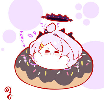 >_< :i afterimage ahoge ahoge_wag blue_archive blush closed_eyes closed_mouth donut expressive_hair facing_viewer flailing flying_sweatdrops food grey_hair hair_ornament hairclip halo highres hina_(blue_archive) horns in_food kurukurumagical long_hair mini_person minigirl parted_bangs single_hair_intake solo translation_request very_long_hair white_background