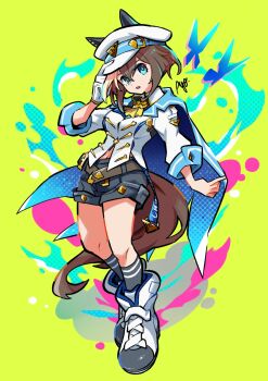 Rule 34 | 1girl, animal ears, ascot, ayo (ayosanri009), black shorts, blue cape, blue eyes, boots, breasts, brown hair, cape, cheval grand (grand itineraire) (umamusume), cheval grand (umamusume), commentary request, ear covers, ears through headwear, full body, gloves, hair between eyes, hat, hat belt, highres, horse ears, horse girl, horse tail, jacket, long hair, looking at viewer, medium breasts, midriff peek, multicolored hair, parted lips, peaked cap, shirt, shorts, single glove, socks, solo, streaked hair, tail, umamusume, white boots, white hair, white hat, white jacket, yellow ascot