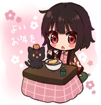 1girl :o alternate_costume black_cat black_hair blunt_bangs blush_stickers cat chibi chibi_only chomusuke colored_sclera commentary_request floral_background floral_print floral_print_kimono food fruit hand_up japanese_clothes kimono kono_subarashii_sekai_ni_shukufuku_wo! kotatsu long_sleeves looking_at_animal looking_at_viewer mandarin_orange megumin new_year no_headwear open_clothes open_kimono open_mouth pajamas pink_background pink_pajamas print_kimono red_eyes red_kimono short_hair_with_long_locks simple_background sitting solo table tareme translation_request upper_body wide_sleeves yellow_sclera yuno_(suke_yuno)